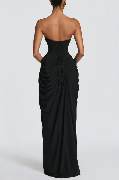 Cyra Back Lace-up Asymmetrical Pleats Strapless Slit Maxi Dress