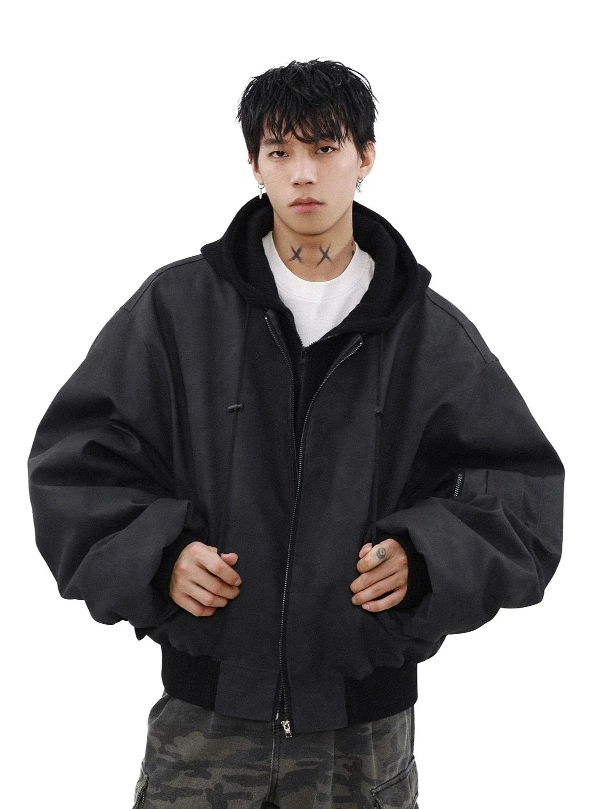 MRNEARLY Vintage Washed Suede Bomber Jacket with Utility Pockets
