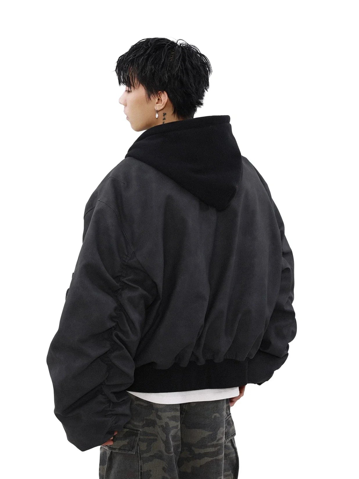 MRNEARLY Vintage Washed Suede Bomber Jacket with Utility Pockets