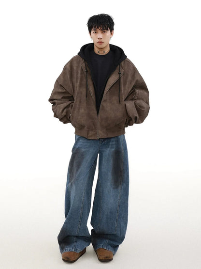 MRNEARLY Vintage Washed Suede Bomber Jacket with Utility Pockets