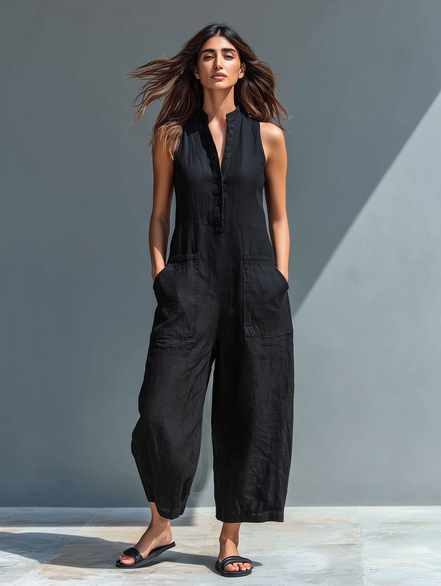 Women's Minimalist Linen Blend Button-up Stand-collar Sleeveless Jumpsuit