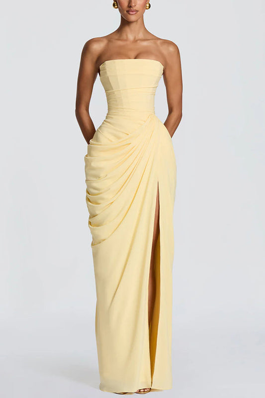 Cyra Back Lace-up Asymmetrical Pleats Strapless Slit Maxi Dress