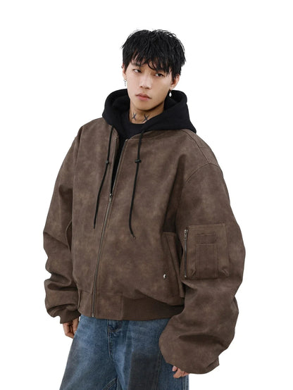 MRNEARLY Vintage Washed Suede Bomber Jacket with Utility Pockets