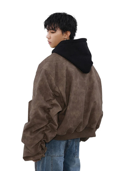 MRNEARLY Vintage Washed Suede Bomber Jacket with Utility Pockets