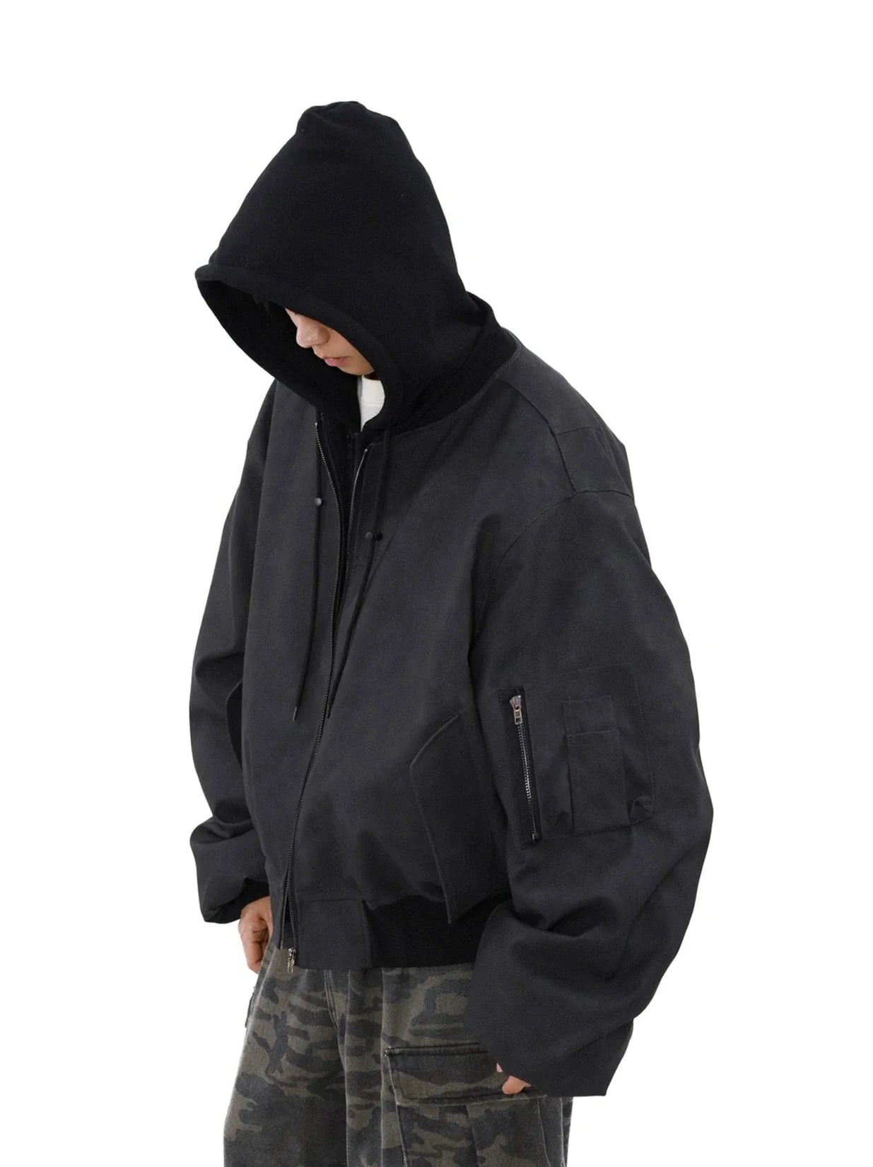 MRNEARLY Vintage Washed Suede Bomber Jacket with Utility Pockets