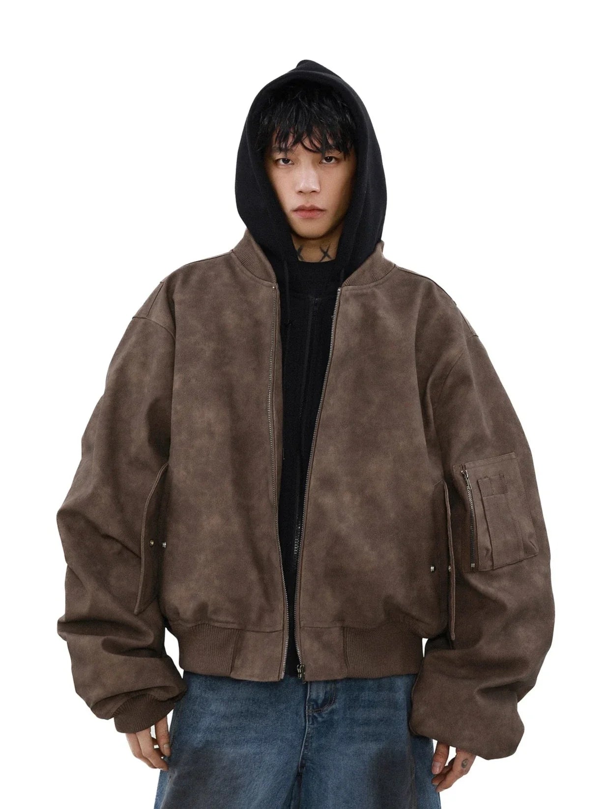 MRNEARLY Vintage Washed Suede Bomber Jacket with Utility Pockets
