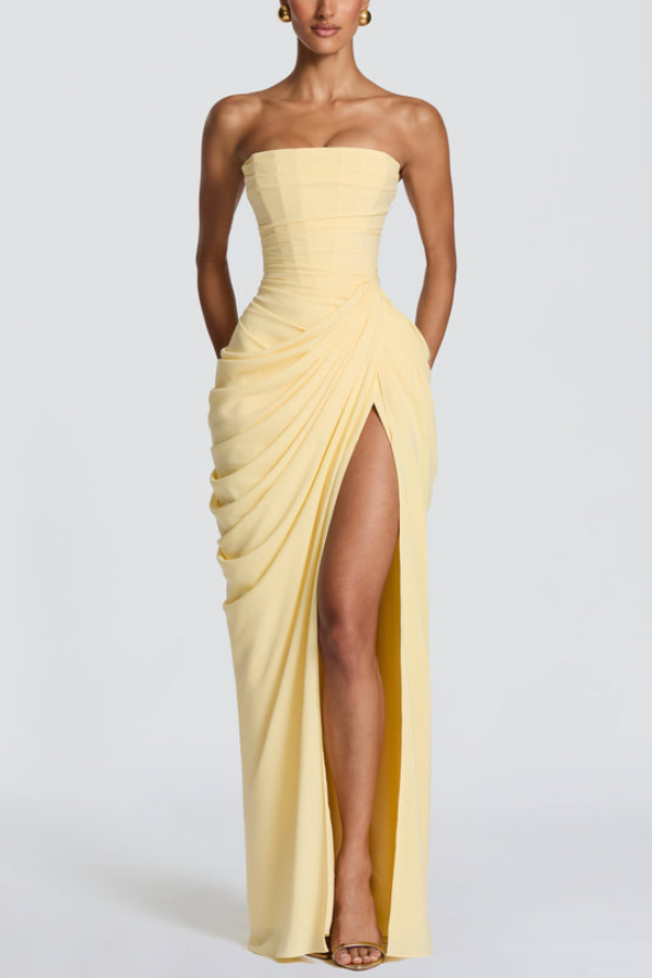 Cyra Back Lace-up Asymmetrical Pleats Strapless Slit Maxi Dress