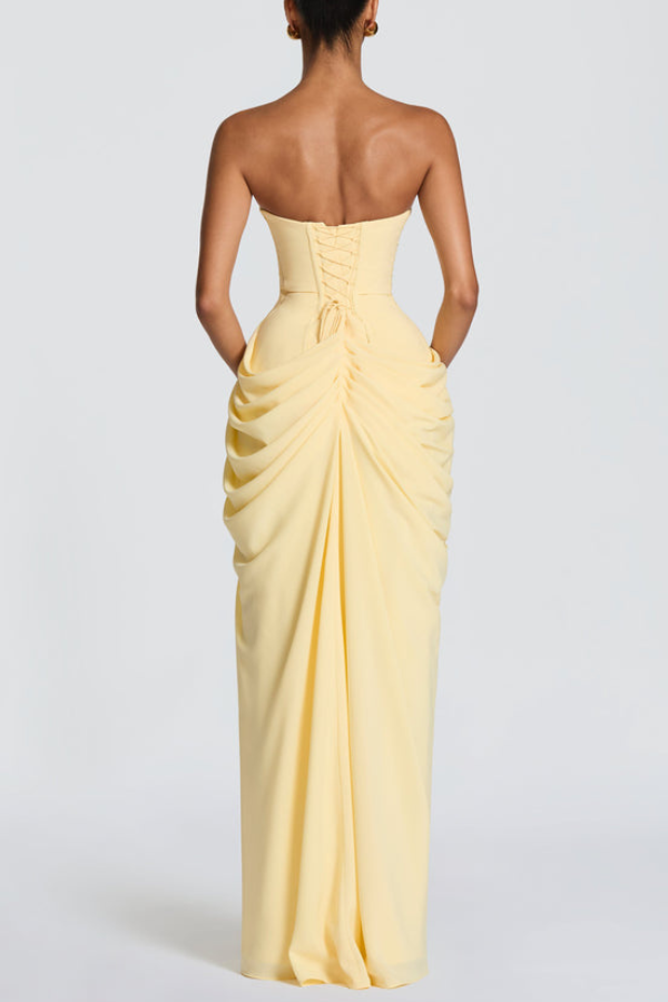 Cyra Back Lace-up Asymmetrical Pleats Strapless Slit Maxi Dress