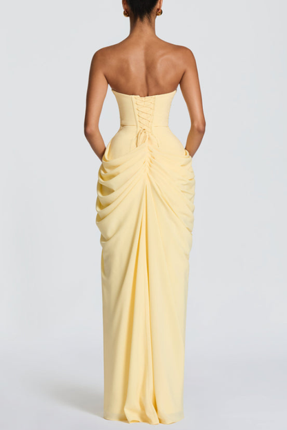 Cyra Back Lace-up Asymmetrical Pleats Strapless Slit Maxi Dress