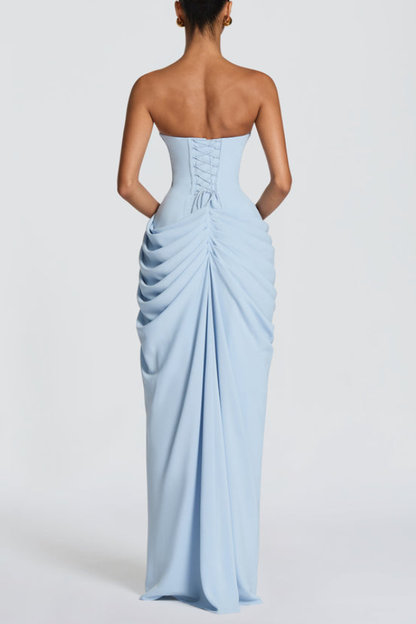 Cyra Back Lace-up Asymmetrical Pleats Strapless Slit Maxi Dress