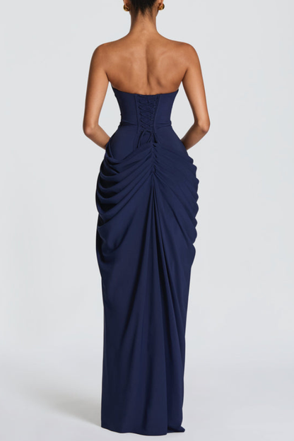 Cyra Back Lace-up Asymmetrical Pleats Strapless Slit Maxi Dress