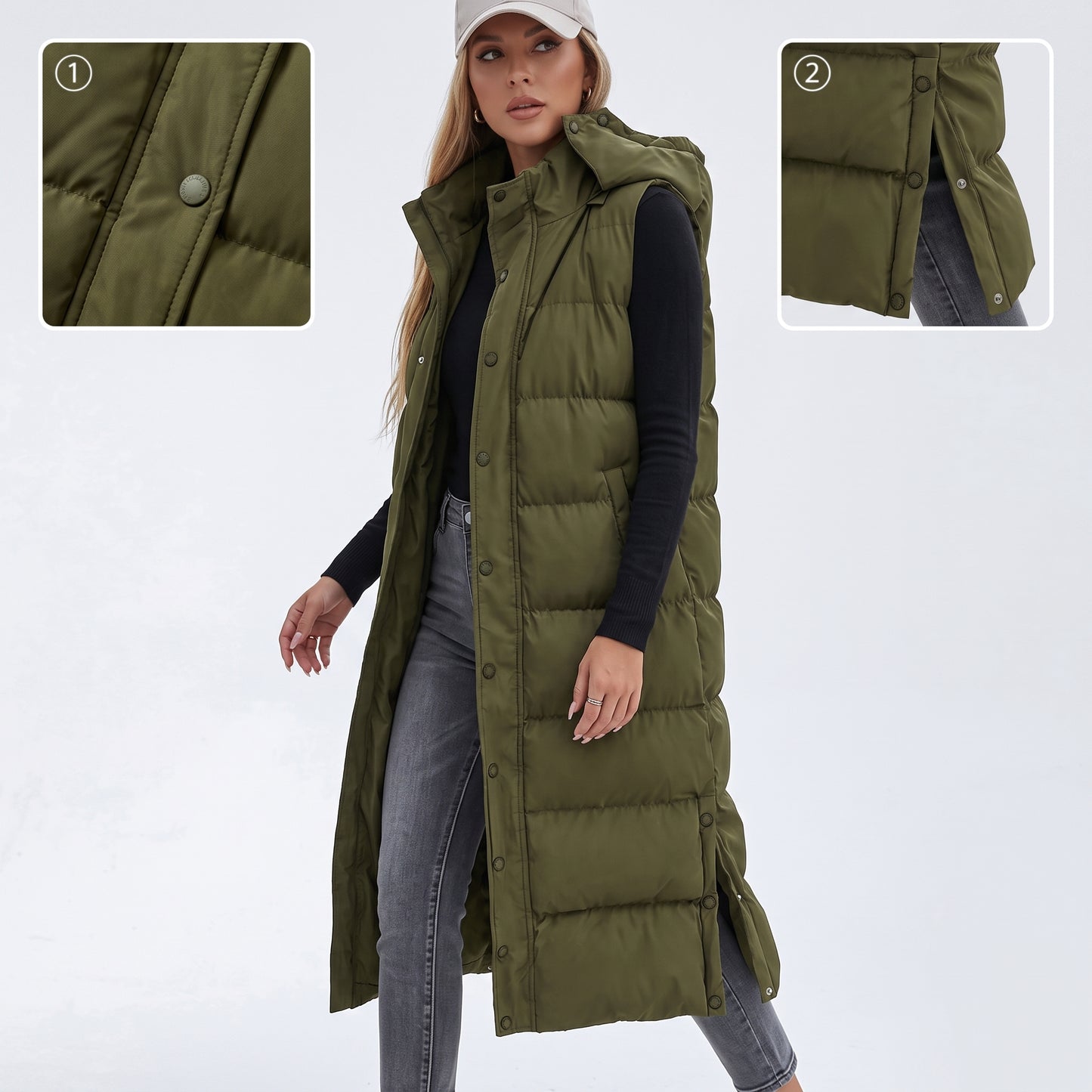 Women's Puffer Vest Quilted Hooded Maxi Length Button Down