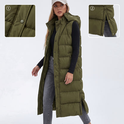 Women's Puffer Vest Quilted Hooded Maxi Length Button Down