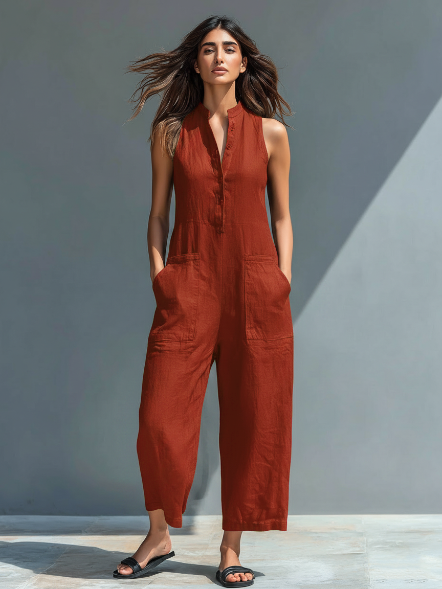 Women's Minimalist Linen Blend Button-up Stand-collar Sleeveless Jumpsuit