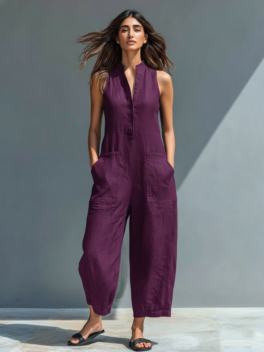 Women's Minimalist Linen Blend Button-up Stand-collar Sleeveless Jumpsuit