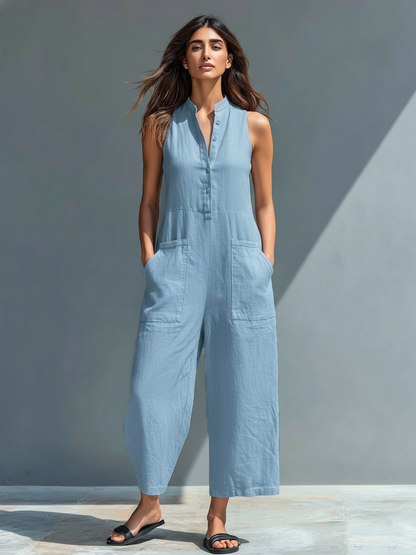Women's Minimalist Linen Blend Button-up Stand-collar Sleeveless Jumpsuit