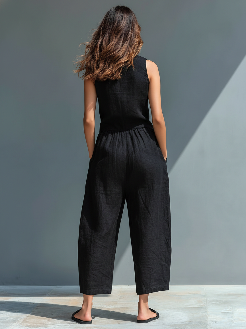 Women's Minimalist Linen Blend Button-up Stand-collar Sleeveless Jumpsuit
