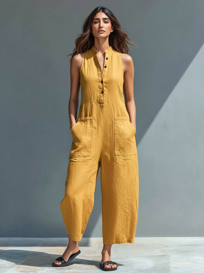 Women's Minimalist Linen Blend Button-up Stand-collar Sleeveless Jumpsuit