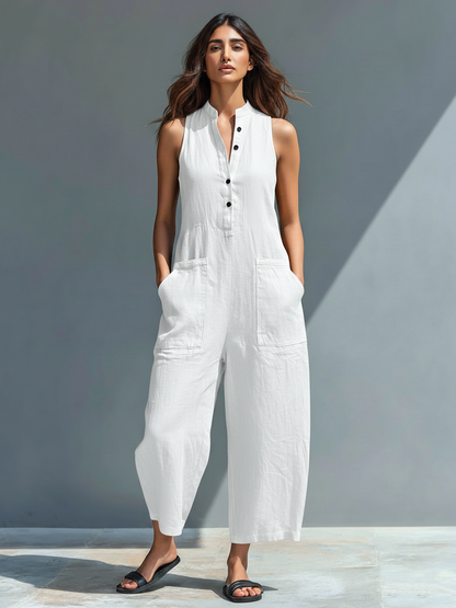 Women's Minimalist Linen Blend Button-up Stand-collar Sleeveless Jumpsuit