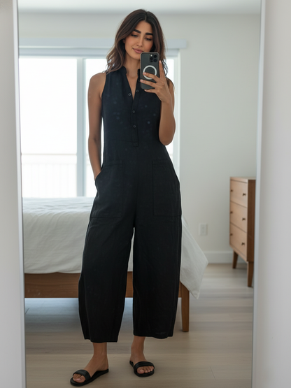 Women's Minimalist Linen Blend Button-up Stand-collar Sleeveless Jumpsuit