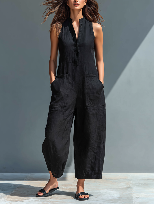 Women's Minimalist Linen Blend Button-up Stand-collar Sleeveless Jumpsuit
