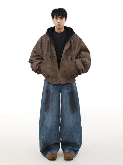 MRNEARLY Vintage Washed Suede Bomber Jacket with Utility Pockets