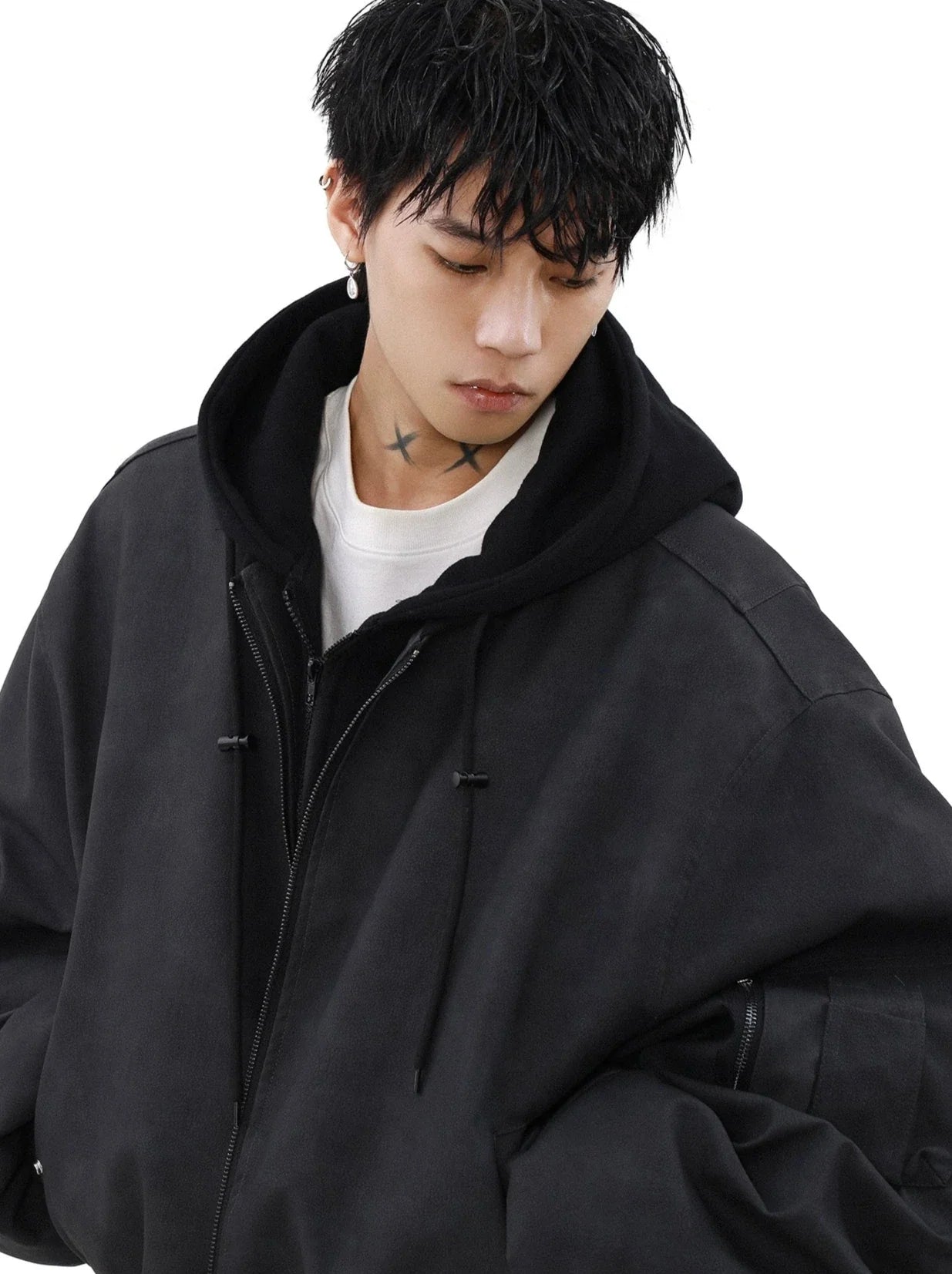 MRNEARLY Vintage Washed Suede Bomber Jacket with Utility Pockets
