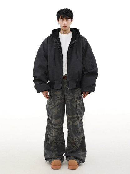 MRNEARLY Vintage Washed Suede Bomber Jacket with Utility Pockets