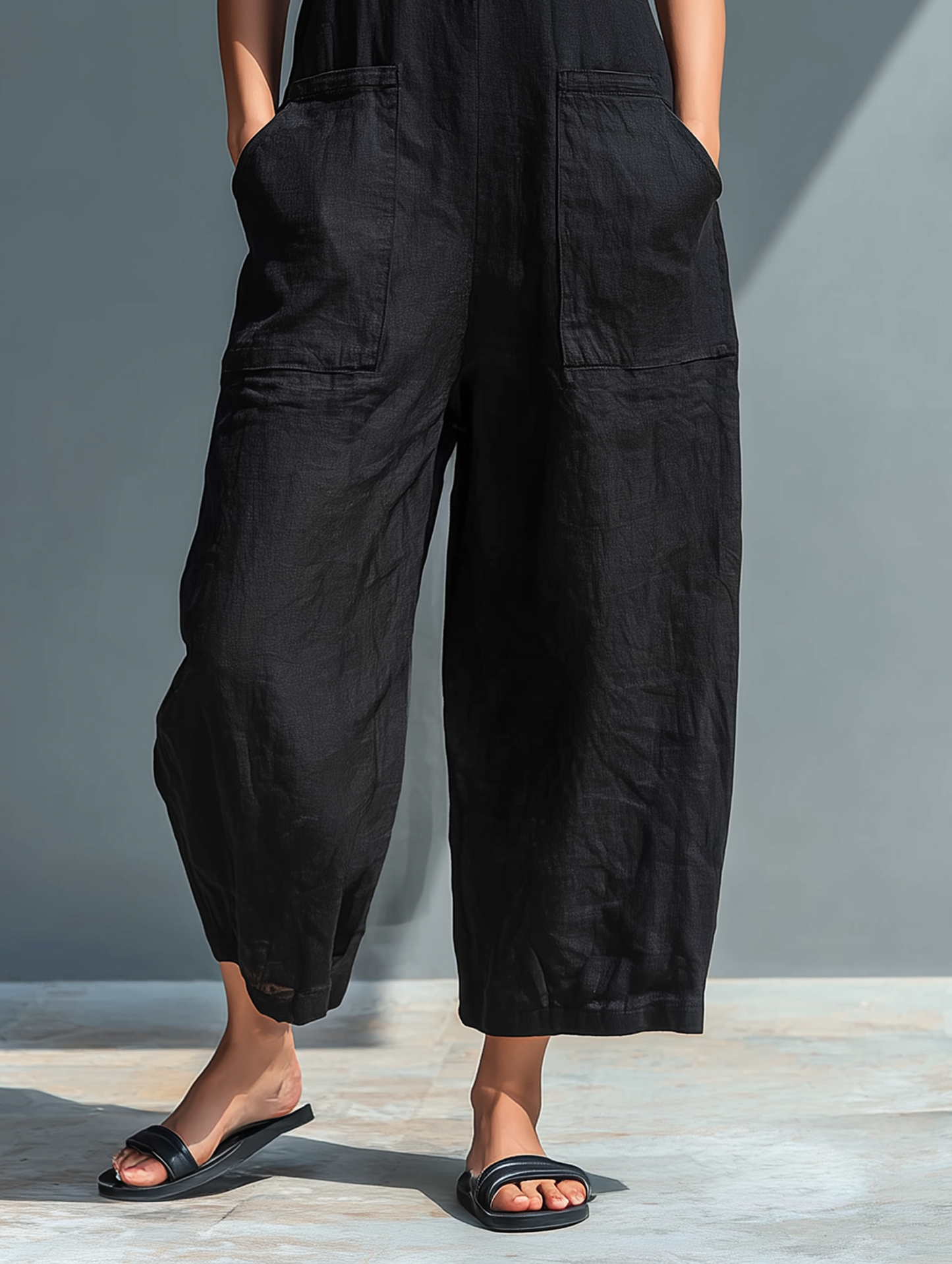 Women's Minimalist Linen Blend Button-up Stand-collar Sleeveless Jumpsuit